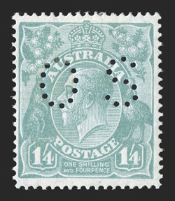 OB76, 1927 14 Pale turquoise blue, perf. 14, small perforated OS, attractive rich color on fresh paper, o.g., mild h.r., fine and scarce 2010 Ceremuga certificate (S.G. O96
£400 ACSC 129b).
