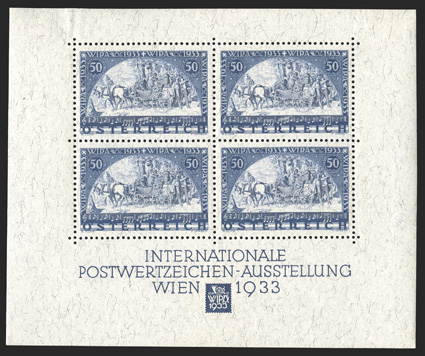 B111, 1933 WIPA souvenir sheet, clean and fresh, o.g., light h.r. in the top margin only, the stamps n.h., very fine (Michel 556C Ç600).