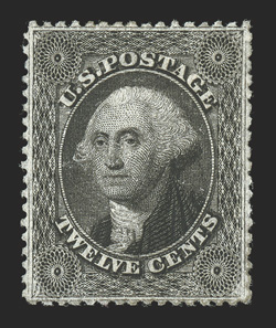 36B, 12c Black, plate III, unusually well centered. deep color and a particularly strong impression, full o.g., lightly hinged, extremely fine 1985 PF and 2008 PSE
certificates.