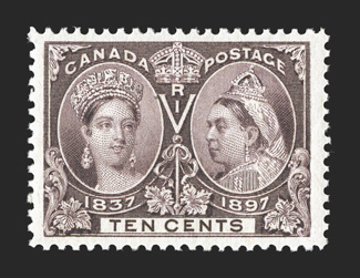 57, 1897 10c Jubilee, gem mint example boasting lavishly large margins and being extraordinarily well centered within them, rich luxuriant color and a sharp impression on
bright paper, o.g., n.h., extremely fine an especially select stamp 2006