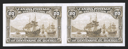96a-103a, 1908 ½c-20c Quebec Tercentenary, imperforate cplt. in horizontal pairs, all with large margins, fresh colors, o.g., h.r.s, some thin spots, 2c with defective corner,
otherwise very fine appearance (Unitrade C$8,000.00).