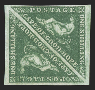 6a, 1859 1- Dark green, mint pair, full to mostly large margins all around, intense color and impression, full o.g., lightly hinged, very fine (S.G. 8b).