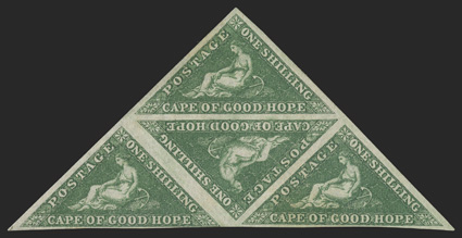 6a, 1859 1- Dark green, triangular block of four, large margins except a little close at bottom, bright rich color, large part o.g., very fine (S.G. 8b).