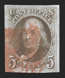 1, 5c Brown, large margins all around, rich color and detailed early printing impression on fresh paper, cancelled in red, owners handstamp on reverse, extremely
fine.
