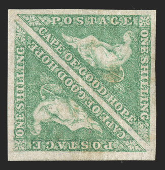 15, 1863 1- Emerald, pair with large margins all around, strong color, o.g., h.r.s, a couple light gum creases and a few hinge marks barely show through to the front,
otherwise very fine (S.G. 21).