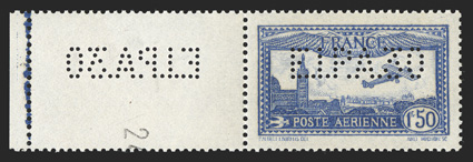 C6b, 1930 1.50Fr Dark blue air post, perforated E.I.P.A. 30, left sheet-margin example with the perforations also in the margin (reversed), perfectly centered, rich color,
o.g., n.h., extremely fine and especially desirable in this format