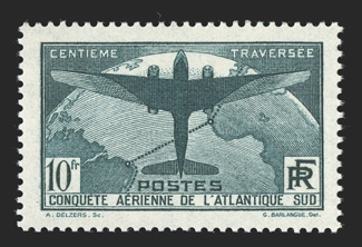 C17, 1936 10Fr Prussian green air post, well centered, strong color, o.g., n.h., very fine (Yvert 321 Ç800).