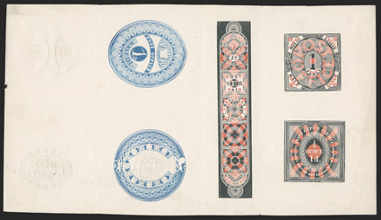 Charles Whiting Beaufort House composite sheet of seven essays, two in blue, two embossed without color and three in red & black (Nos. 10, 12 and 18), exceptionally fresh, a
couple trivial folding creases between designs, very fine an impressive