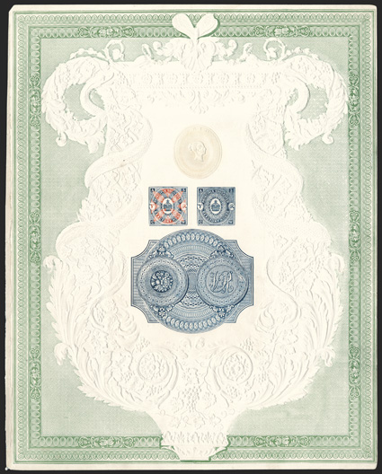 Charles Whiting Beaufort House Congreve composite essay sheet, from the 1848 Arts Journal, with four different essays, one embossed in very pale pink, two Beaufort House
designs and Royal Cypher in fancy engine-turned background, the whole page i