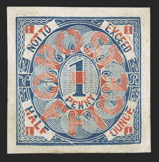 Charles Whiting Beaufort House Congreve 1p Blue and red essay number 6, large even margins all around, small paper adherence on reverse, a very fine and especially attractive
essay.