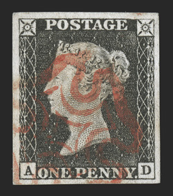 1, 1840 1p Black, plate 1a, lettered A-D, handsome used example, with four large and even margins, strong color and a sharp detailed impression on fresh white paper, red
Maltese Cross cancel, extremely fine 1978 RPS certificate (S.G. 2 £300).