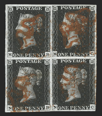 1, 1840 1p Black, plate 6, lettered M-B to N-C, an exceptional quality used block of four, featuring not only uniformly large margins all around (just a bit closer at right),
but just as impressive is its wonderfully fresh color and impression o