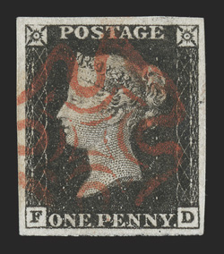 1a, 1840 1p Intense black, plate 1a, lettered F-D, large margins all around, deep color and an outstanding early impression, light red Maltese Cross cancel, extremely fine and
choice 2009 RPS certificate (S.G. 1, Spec. AS1 £425).
