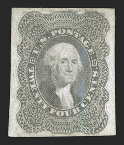 37c, 24c Lilac, imperforate, unused as usual, ample to large margins (actually much better than most of the handful of existing copies), rich color, faint spot of discoloration
on face, otherwise very fine and quite scarce clear 1987 PF certifi