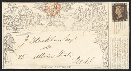 1, 1840 1p Black, fine single from plate 2 with trivial surface rub at top, used on a 1p Mulready letter sheet (U3) and tied by red Maltese Cross, London 16.7.40 backstamp,
addressed to Leeds, horizontal file fold not affecting the adhesive