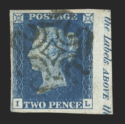 2, 1840 2p Blue, plate 2, lettered I-L, being a right sheet-margin single with partial imprint in the margin, other margins large, deep vibrant color and a crisp detailed
impression on fresh paper, black Maltese Cross cancel, extremely fine