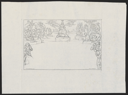 U1E, Mulready essay in black on laid India paper, in the accepted design but without value or side tablets, state 2 with strong frame lines, folded around the design as usual,
fine and very rare.