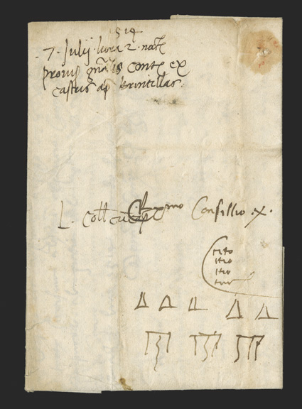 1514 Gallows folded letter written on the field of battle at camp near Brentelle, military letter addressed to the Council of Ten at Venice, with manuscript endorsement at
top, it was sent with haste as indicated by the four Cito markings, also f