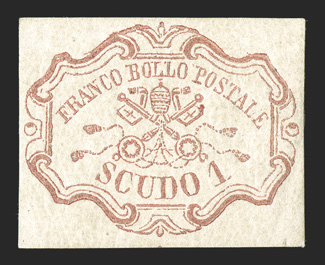 11, 1852 1Sc Rose, scarce mint single, full to large margins all around, attractive color, full original gum, very fine 1976 Bolaffi and 1990 E. Diena certificates (Sassone 11
Ç6,5000).