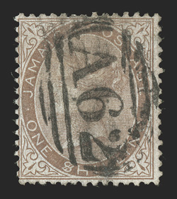 12 var., 1873 1- Brown, $ for S, used, strong color, cancelled A62 (Plantain Garden River), a fine example of this elusive variety (S.G. 13a).