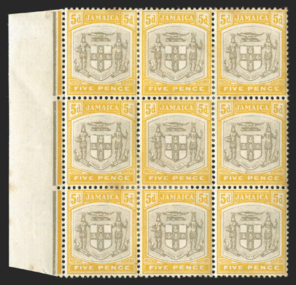 36a, 1904 5p Yellow and black, SERv ET for SERVIET, the error being the middle stamp in a left margin block of nine, bright colors, o.g., some hinge reinforcements, gum toning
just shows through on a couple perforations at top, fine (S.G. 3