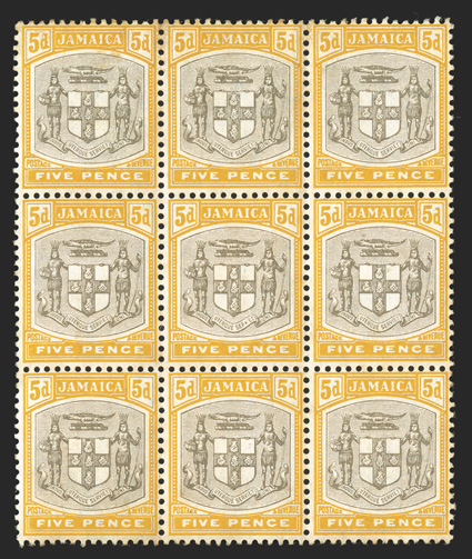 41a, 1907 5p Yellow and black, SERv ET for SERVIET, the error being the middle stamp in a block of nine, brilliant colors, o.g., some gum toning barely shows through on a few
perforation tips, still quite fresh and attractive, fine a scarce