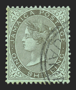 43 var., 1910 1- Black on green paper, $ for S, used, with neat cancel, slightly toned perf. tip at top right, a fine example of this scarce variety, especially used (S.G.
54a).