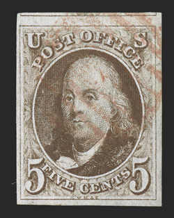 1, 5c Red brown, handsome used example, with large margins all around including a portion of the adjoining stamp at top, lovely rich color and a crisp detailed impression, light
red grid cancel, choice very fine.