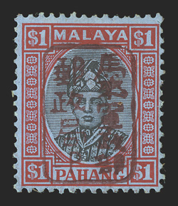 S.G. J188b, 1942 $1.00 Black and red on blue with Pahang chop in brown, deep colors, large part o.g., h.r., top right corner perf. nearly separated, fine and very scarce 2004
BPA certificate (Scott N11 var.) ex-Rinkoff.