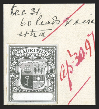 1900-1905 Black master die proof for the Rupee values on glazed card, stamp size mounted on a piece from the De La Rue record book, ms. Dec 31, 60 leads & six extra dated in
red Apl. 30. 97, very fine ex-Sir Gawaine Baillie.