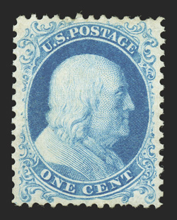 40, 1c Bright blue reprint, without gum as issued, uncommonly well centered, bright fresh color and paper, slightly short perf. at bottom, extremely fine 2009 PSE certificate
(VF-XF 85 SMQ $710.00).