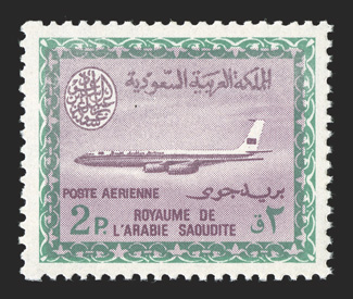 C34, 1965 2p Green and dull purple, exceptionally well centered, bright fresh colors, pristine o.g., n.h., extremely fine a choice example of one of the key modern rarities of
Saudi Arabia, not to mention one of the most elusive airmail stamps