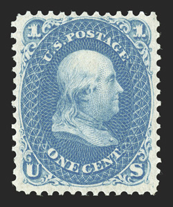 63, 1c Blue, an especially choice mint example of this difficult stamp, wonderfully well centered amid uncommonly large and well balanced margins, lovely bright color and
razor-sharp impression on fresh paper, full clean original gum showing onl