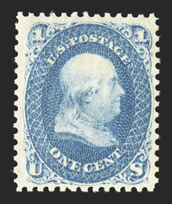 63, 1c Blue, fresh mint single, lovely rich color and a well incised impression on bright paper, well centered, o.g., never hinged, very fine 1998 PF certificate for a block of
four, this being the top right stamp.