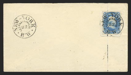 63, 1c Blue, single tied by Leeds & Franklin printed pre-cancel on Leeds entire with cut-out and pull away perforations, a second strike also at left, very fine a choice
example of one of the rarest and most desirable of all the early print