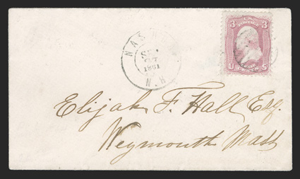 64, 3c Pink, fine centered single with bright color tied by light grid cancel with matching Nashua, N.H.Sep 27 1861 c.d.s. on petite cover to Massachusetts, a fresh and very
fine cover 1980 PF certificate (as the rare Pigeon Blood Pink 64a)
