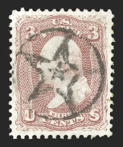 65, 3c Rose, beautifully centered within large margins, fresh color, marvelously cancelled by a socked-on-the-nose fancy star within a star in circle postmark, extremely fine
an eye-arresting gem 2010 PF certificate.