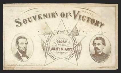 65, 3c Rose, two singles tied by grid cancels with matching Wallingford, Ct. c.d.s. onMagnus Lincoln-McClellan Souvenir of Victory cover (design on reverse), cover with some
minor edge flaws and mild toning affecting the stamps, fine beli