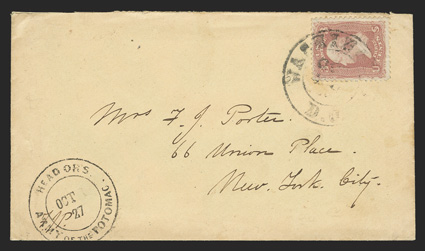 65, 3c Rose, single tied by Washington c.d.s. on cover from General Fitzjohn Porter to his wife in New York, with rare Headqrs Army of the Potomac c.d.s. at bottom left, with
the generals initials, very fine 2008 PF certificate.