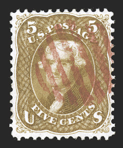 67, 5c Buff, lovely color that is especially deep and rich, well incised impression, red grid cancel, miniscule perf. tear, otherwise very fine clear 1999 PF certificate and a
2010 PF certificate.