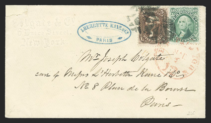 68, 76, 10c Yellow green and 5c Brown, tied to embossed corner card cover to Paris, France by unusual segmented cork cancel and red New YorkPaid 12Mar 8 exchange office
datestamp, well struck blue oval forwarders handstamp and Pairs backsta