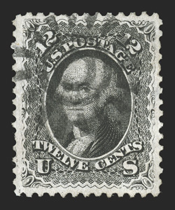 69, 12c Black, choice used single, wonderfully well centered amid uncommonly large and well balanced margins, bright and fresh, San Francisco cog wheel cancel, extremely
fine.