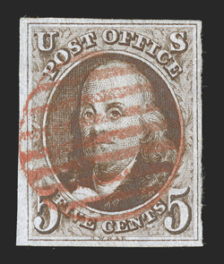 1, 5c Red brown, generous even margins all around, luxuriant rich color and sharp early printing impression, neat red circular grid cancel, small shallow thinned spot, very fine
appearance.