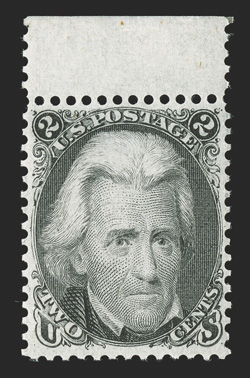 73, 2c Black, top sheet-margin single, exceptionally well centered, fresh color, pristine o.g., never hinged, choice very fine 1999 PF certificate and a 2009 PSE certificate
(VF 80 SMQ does not price never hinged).