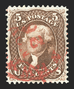 75, 5c Red brown, a beautiful used example, not only being exceptionally well centered, but also possessing lovely rich color on fresh white paper, and most impressive is the
stamps cancel, a red town c.d.s. that is in an incredibly bright and