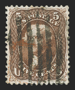 75, 5c Red brown, a remarkable used example, being precisely centered amid generous balanced margins which allow the perforations to clear the design all around, a rare feat on
this tightly spaced issued, deep rich color and sharp impression on