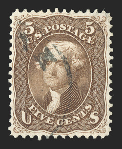 76, 5c Brown, choice used single, extraordinarily well centered, rich color and razor-sharp impression, light town cancel, extremely fine 2000 PF certificate.