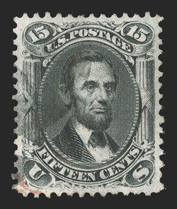 77, 15c Black, a highly select used example, remarkably well centered within uncharacteristically large margins, strong color and a well incised impression, light and
unobtrusive cork cancel and a trace of a red transit postmark, extremely fine