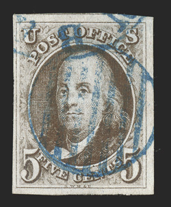 1a, 5c Dark brown, full to mostly large margins all around, sumptuously rich color and an especially intense impression, beautifully cancelled by a bold blue grid and part of a
c.d.s., very fine and quite appealing.