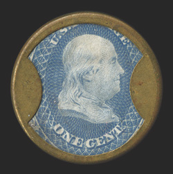 EP26a, Joseph L. Bates, Boston, 1c Blue, with Fancy Goods in two words, excellent condition with full intact mica, very fine 2010 PF certificate.